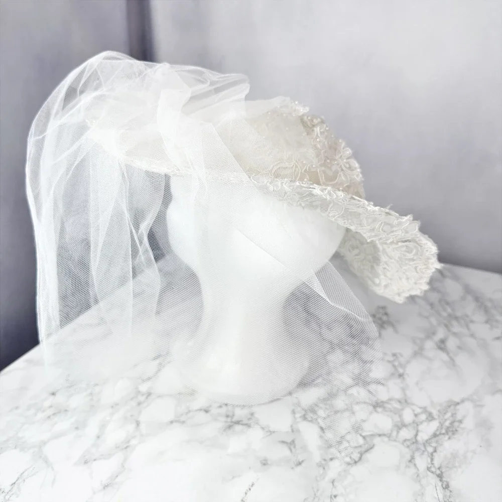 Vintage Handmade Ivory White Lace Floral Pearl Bridal Veil Hat